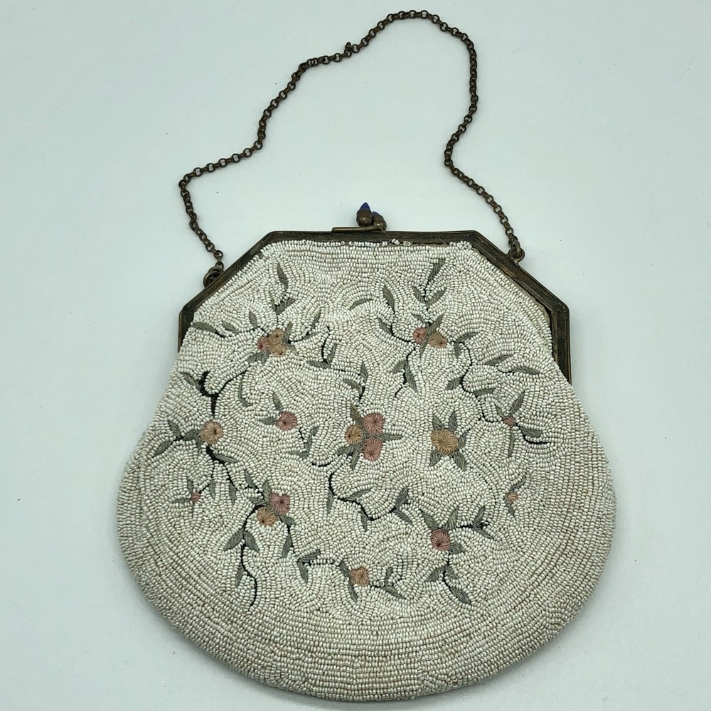 Antique Victorian White Micro Beaded Floral Petit Point Purse Evening Bag France